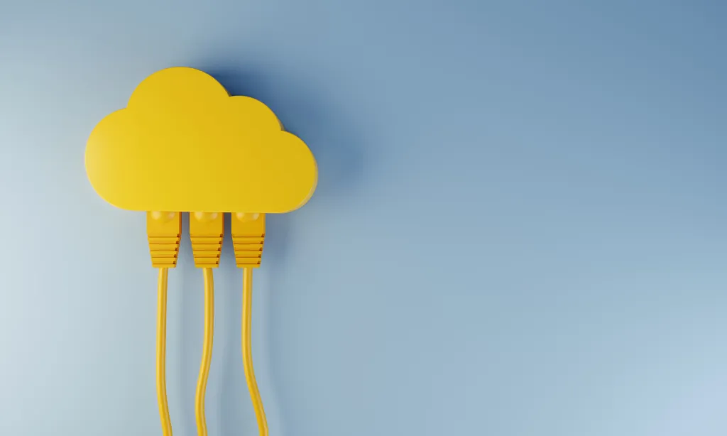 Afbeelding met wolk (Cloud), verbonden met UTP kabels. Connected to the Cloud